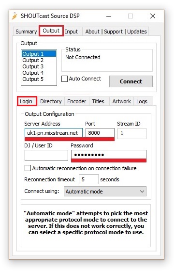 Shoutcast source - Output, Connection